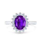 Art Deco Oval Natural Amethyst Halo Flower Ring 925 Sterling Silver