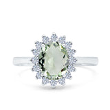 Art Deco Oval Natural Green Amethyst Prasiolite Halo Flower Ring 925 Sterling Silver