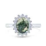 Art Deco Oval Natural Green Moss Agate Halo Flower Ring 925 Sterling Silver