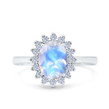 Art Deco Oval Natural Moonstone Halo Flower Ring 925 Sterling Silver