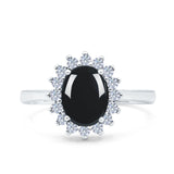 Art Deco Oval Natural Black Onyx Halo Flower Ring 925 Sterling Silver
