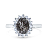 Art Deco Oval Natural Rutilated Quartz Halo Flower Ring 925 Sterling Silver