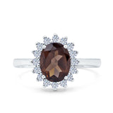 Art Deco Oval Natural Chocolate Smoky Quartz Halo Flower Ring 925 Sterling Silver