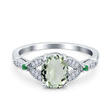 Oval Natural Green Amethyst Prasiolite Leaf Design Beaded Ring 925 Sterling Silver