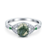 Oval Natural Green Moss Agate Leaf Design Beaded Ring 925 Sterling Silver