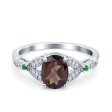 Oval Natural Chocolate Smoky Quartz Leaf Design Beaded Ring 925 Sterling Silver