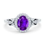 Vintage Style Oval Natural Amethyst Halo CZ Split Shank Twisted 925 Sterling Silver