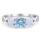 Three Stone Round Natural Aquamarine Wedding Ring 925 Sterling Silver