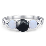 Three Stone Round Natural Black Onyx Wedding Ring 925 Sterling Silver
