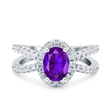 Oval Natural Amethyst Halo Split Shank Ring 925 Sterling Silver