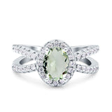 Oval Natural Green Amethyst Prasiolite Halo Split Shank Ring 925 Sterling Silver