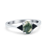 Art Deco Three Stone Oval Natural Green Moss Agate Trio Ring 925 Sterling Silver