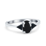Art Deco Three Stone Oval Natural Black Onyx Trio Ring 925 Sterling Silver