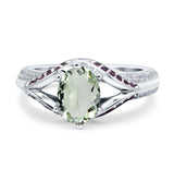 Oval Natural Green Amethyst Prasiolite Split Shank Two Tone Ring 925 Sterling Silver