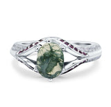 Oval Natural Green Moss Agate Split Shank Two Tone Ring 925 Sterling Silver