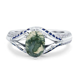 Oval Natural Green Moss Agate Split Shank Two Tone Ring 925 Sterling Silver