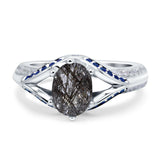 Oval Natural Rutilated Quartz Split Shank Two Tone Ring 925 Sterling Silver