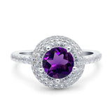Art Deco Round Natural Amethyst Cluster CZ Ring 925 Sterling Silver