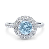 Art Deco Round Natural Aquamarine Cluster CZ Ring 925 Sterling Silver