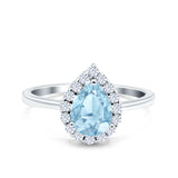 Pear Teardrop Natural Aquamarine Halo Ring 925 Sterling Silver