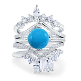Three Piece Round Genuine Natural Arizona Sleeping Beauty Turquoise Cocktail Bridal Set Ring 925 Sterling Silver