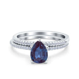 Two Piece Pear Teardrop Lab Alexandrite Bridal Ring 925 Sterling Silver