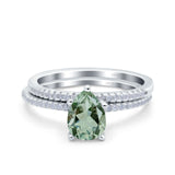 Two Piece Pear Teardrop Natural Green Amethyst Prasiolite Bridal Ring 925 Sterling Silver