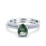 Two Piece Pear Teardrop Natural Green Moss Agate Bridal Ring 925 Sterling Silver