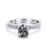 Two Piece Pear Teardrop Natural Rutilated Quartz Bridal Ring 925 Sterling Silver