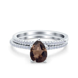 Two Piece Pear Teardrop Natural Chocolate Smoky Quartz Bridal Ring 925 Sterling Silver