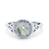 Art Deco Round Natural Green Moss Agate Trinity Ring 925 Sterling Silver