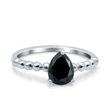 Pear Teardrop Natural Black Onyx Solitaire Beaded Ring 925 Sterling Silver