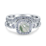 Two Piece Round Natural Green Moss Agate Filigree Ring 925 Sterling Silver