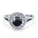 Floral Round Natural Black Onyx Split Shank Ring 925 Sterling Silver