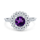 Art Deco Round Natural Amethyst Flower Ring 925 Sterling Silver