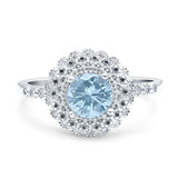 Art Deco Round Natural Aquamarine Flower Ring 925 Sterling Silver