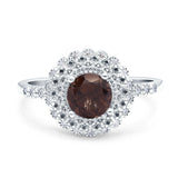 Art Deco Round Natural Chocolate Smoky Quartz Flower Ring 925 Sterling Silver