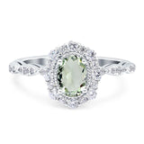 Floral Oval Natural Green Amethyst Prasiolite Halo Wedding Ring 925 Sterling Silver