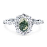 Floral Oval Natural Green Moss Agate Halo Wedding Ring 925 Sterling Silver