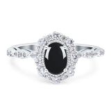 Floral Oval Natural Black Onyx Halo Wedding Ring 925 Sterling Silver