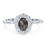 Floral Oval Natural Rutilated Quartz Halo Wedding Ring 925 Sterling Silver