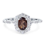 Floral Oval Natural Chocolate Smoky Quartz Halo Wedding Ring 925 Sterling Silver