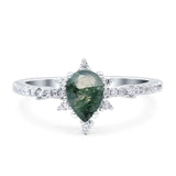 Pear Teardrop Natural Green Moss Agate Cluster Wedding Ring 925 Sterling Silver
