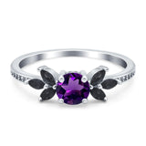 Art Deco Round Natural Amethyst Floral Ring 925 Sterling Silver