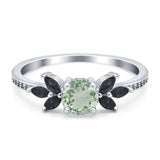 Art Deco Round Natural Green Amethyst Prasiolite Floral Ring 925 Sterling Silver