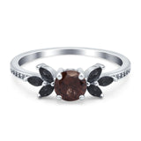 Art Deco Round Natural Chocolate Smoky Quartz Floral Ring 925 Sterling Silver