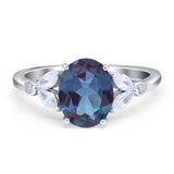 Art Deco Oval Lab Alexandrite Leaf Accents Ring 925 Sterling Silver
