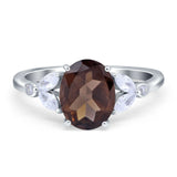 Art Deco Oval Natural Chocolate Smoky Quartz Leaf Accents Ring 925 Sterling Silver