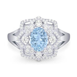 Vintage Style Oval Natural Aquamarine Flower Ring 925 Sterling Silver