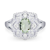 Vintage Style Oval Natural Green Amethyst Prasiolite Flower Ring 925 Sterling Silver